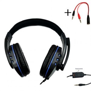 3.5mm Wired Gaming  Headset With Adjustable Microphone Volume Controller Noise Cancelling Headphones Compatible For Pc Gaming Black blue + transfer wire  |   Over-ear Headphones Earphones & Speakers Black blue + transfer wire