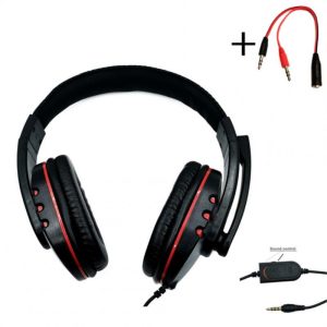 3.5mm Wired Gaming  Headset With Adjustable Microphone Volume Controller Noise Cancelling Headphones Compatible For Pc Gaming Black red + transfer wire  |   Over-ear Headphones Earphones & Speakers Black red + transfer wire