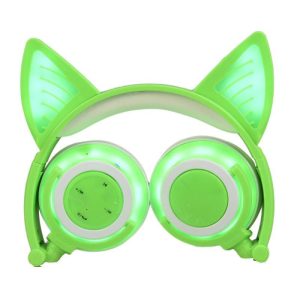 Cute Cat Ear Rechargeable Gaming Headset with LED Lights Colorful Over Ear Foldable Headphones with Mic for Cell Phone  green  |   Over-ear Headphones Earphones & Speakers Green