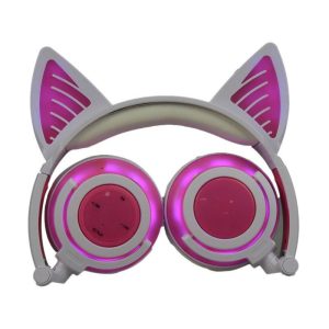 Cute Cat Ear Rechargeable Gaming Headset with LED Lights Colorful Over Ear Foldable Headphones with Mic for Cell Phone  Pink  |   Over-ear Headphones Earphones & Speakers Over-ear Headphones