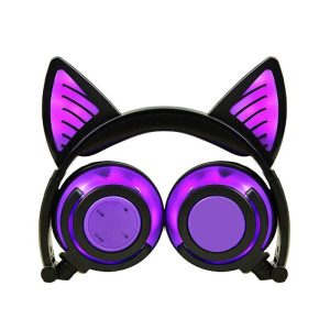 Cute Cat Ear Rechargeable Gaming Headset with LED Lights Colorful Over Ear Foldable Headphones with Mic for Cell Phone  purple  |   Over-ear Headphones Earphones & Speakers Over-ear Headphones