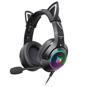 Onikuma K9 Cat Ear Gaming Headset Rgb Led Light Head-mounted Chicken-eating Wired Headphones With Retractable Rotating Microphone Black  |   Gaming Headsets Earphones & Speakers Black