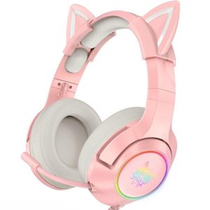 Onikuma K9 Cat Ear Gaming Headset Rgb Led Light Head-mounted Chicken-eating Wired Headphones With Retractable Rotating Microphone Pink  |   Gaming Headsets Earphones & Speakers Gaming Headsets