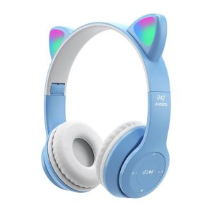 P47m Bluetooth 5.0 Headphones Big Cat Ear Wire-controlled Gaming Headset Hifi Sports Earphones light blue  |   Over-ear Headphones Earphones & Speakers Light blue