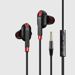 Quad Core Double Moving Coil Headphones In-ear Subwoofer Tuning Universal Wire-controlled Game Headset black red  |   Wired Earphones Earphones & Speakers Black red