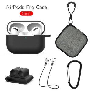 US Earphone Protective Case for AirPods Pro Soft Silicone Cover+Carabiner+Anti-lost Strap+Wrist Holder+Storage Bag Black  |   Earphones Accessories Earphones & Speakers Black